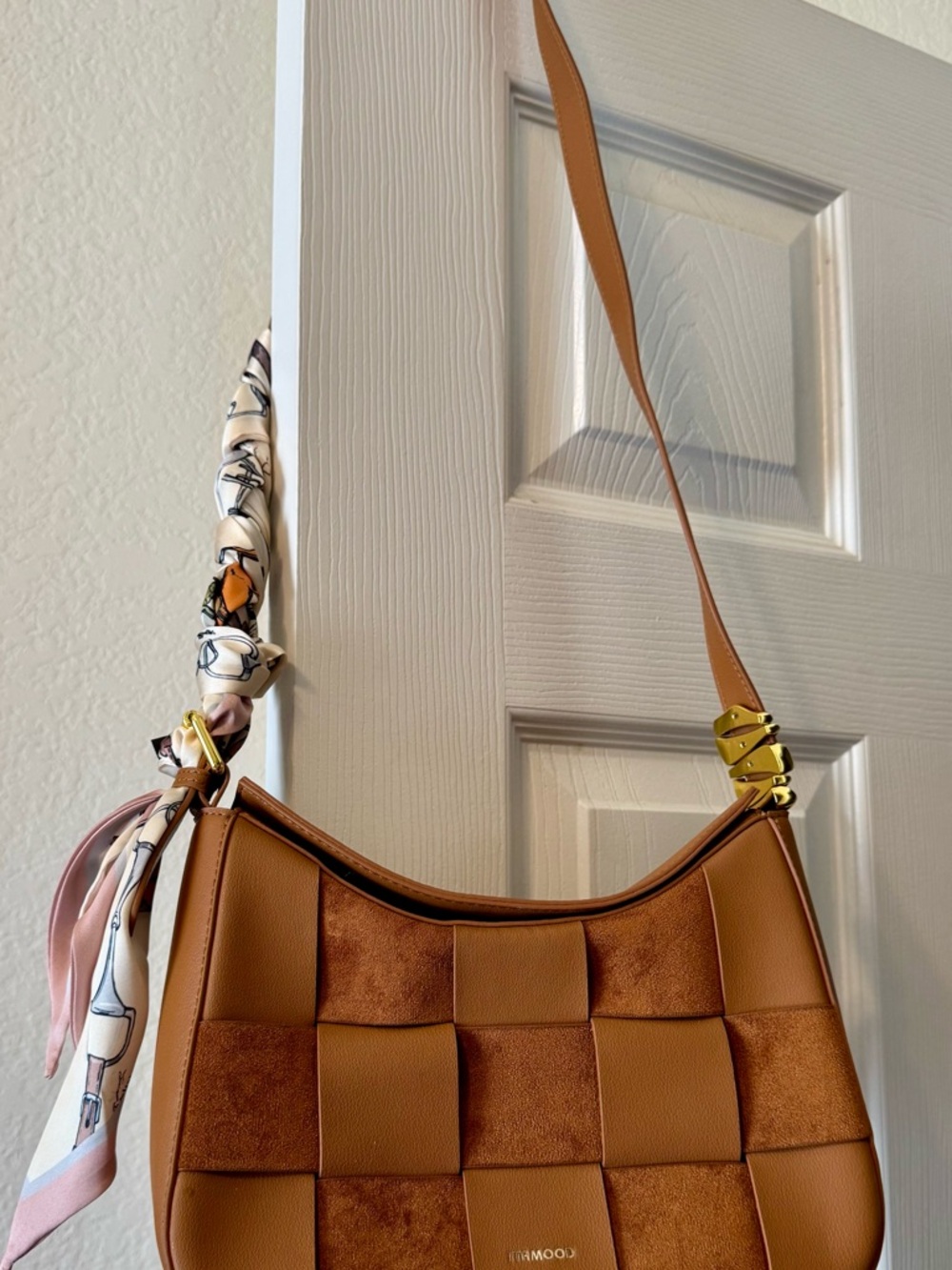 Tan Woven Faux Leather Shoulder Bag with Scarf Detail & Magnetic Closure